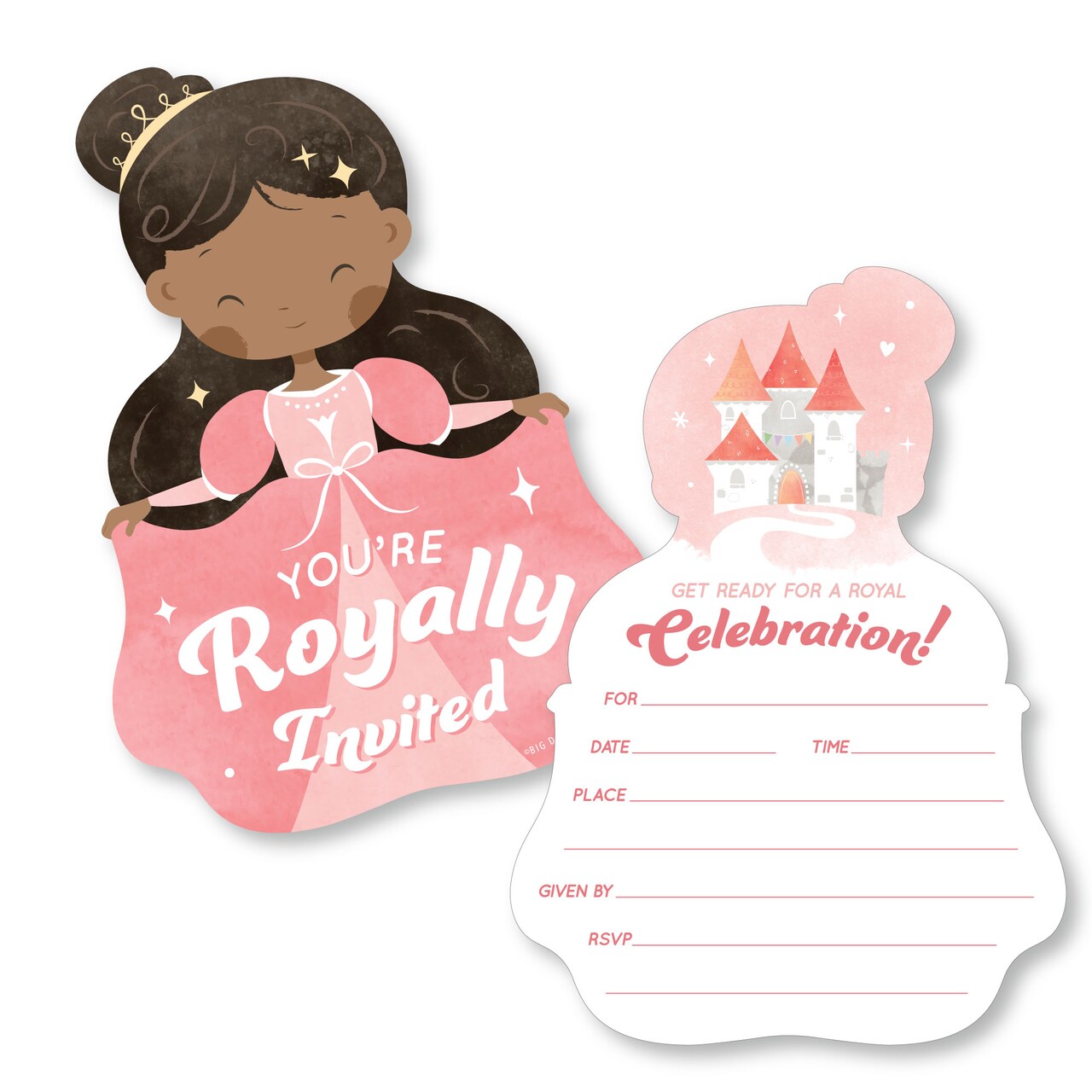 Big Dot of Happiness Princess Birthday Invitations, You're Invited Pink Royal Princess-Shaped Party Fill-In Invitation Cards with Envelopes, Set of 12